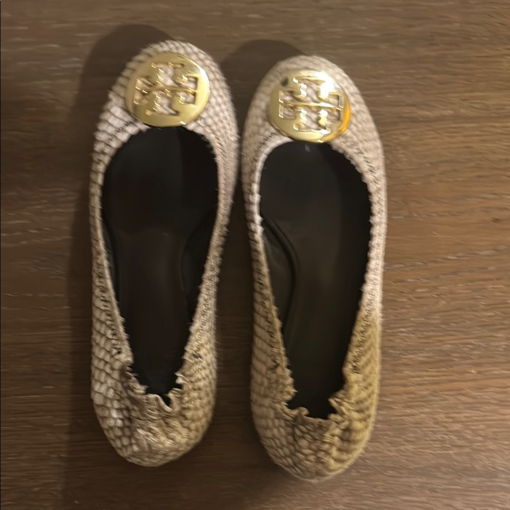 Tory Burch Brown and Gold Loafers with Woven/fur Texture